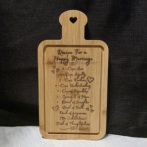 Recipe For A Happy Marriage Engraved Bamboo Cutting Board with Heart Design